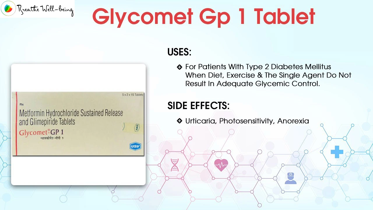 Glycomet-GP 1 Tablet is a mixture of Glimepiride and Metformin, two anti-diabetic medicines. The sulfonylurea glimepiride works by raising the amount of insulin produced by the pancreas. Read glycomet gp-1 tablet uses, side effects, dosage, interactions and saftey advice.